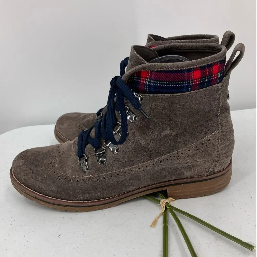 Tommy Hilfiger Gray Red Plaid Cap Top Twollia 3 Faux Suede Oxford Ankle Boots